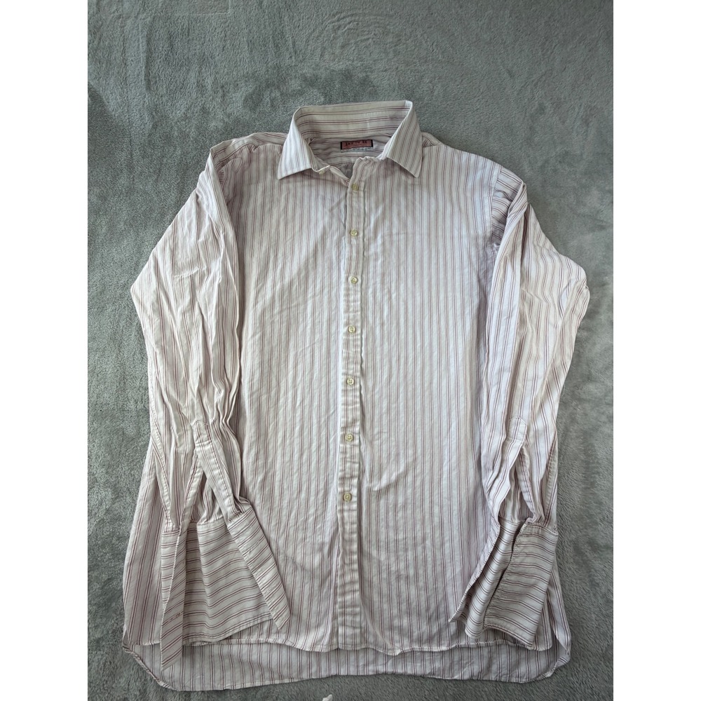Thomas Pink Dress Shirt Mens 17.5 37 White Red Striped French Cuff Cotton